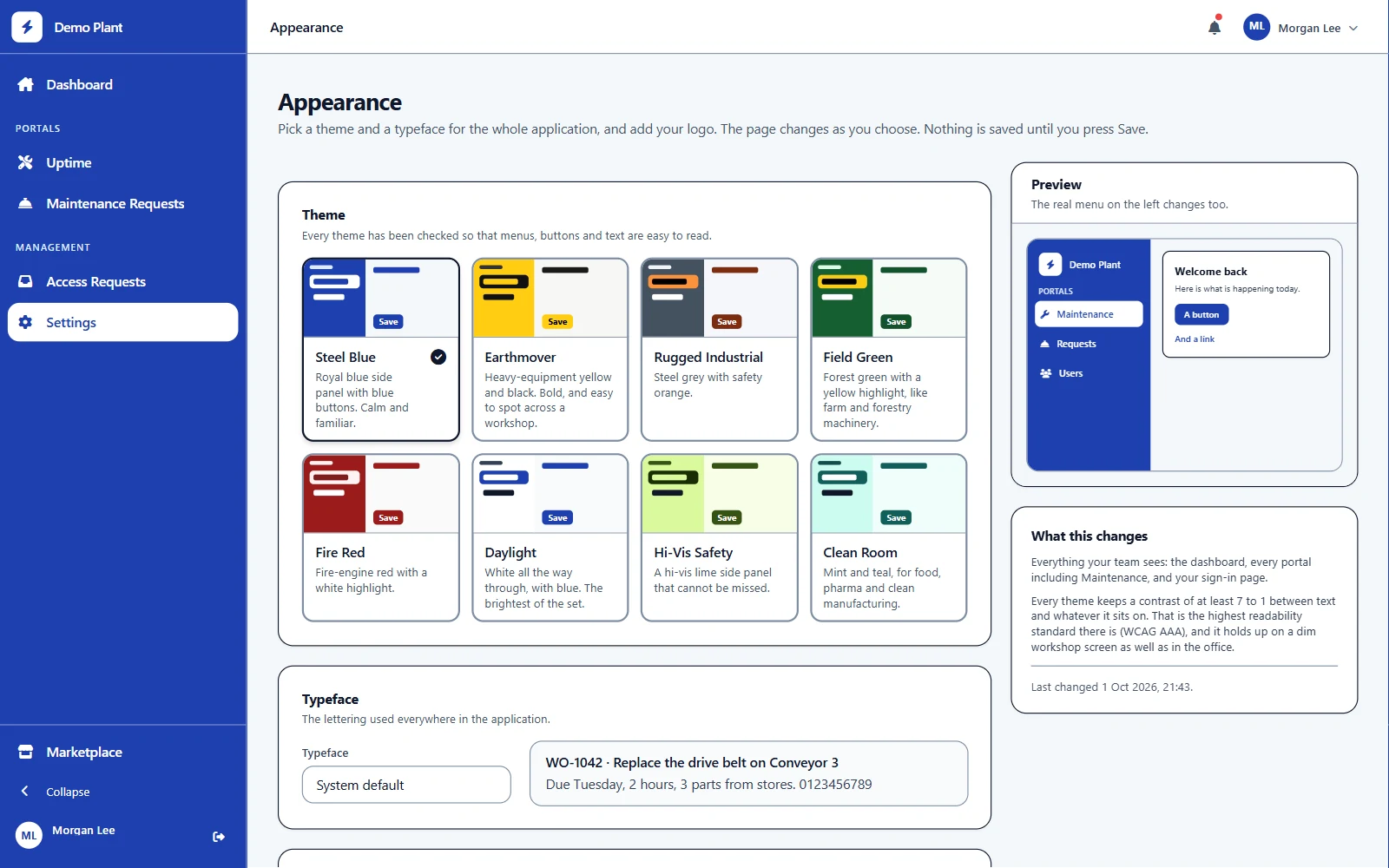 The Appearance page: choose one of eight named themes, a typeface and your logo. Every theme is checked for readability.
