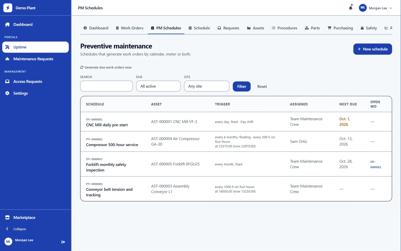 Preventive maintenance schedules triggered by calendar, run hours or both.