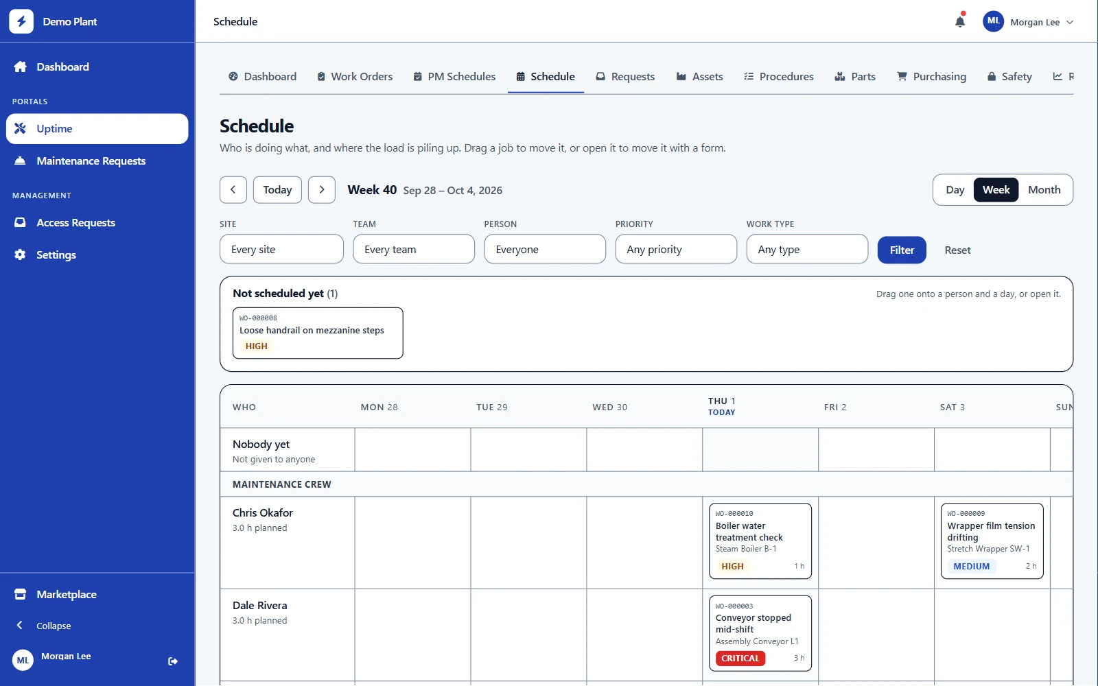 The schedule board: who is doing what this week. Drag a job onto a person and a day.