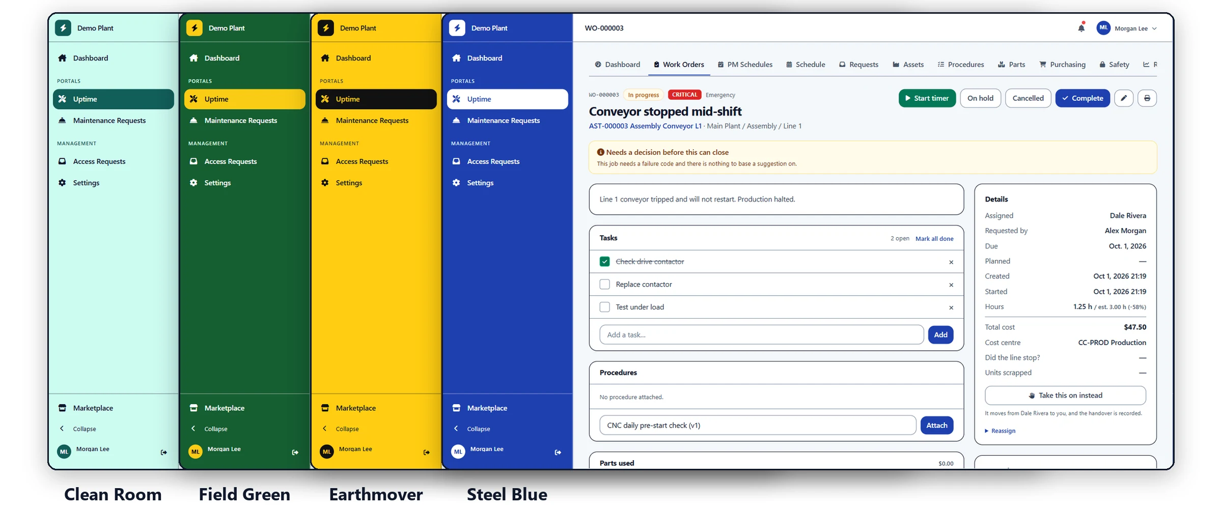 Make it yours: the same work order in four of the eight color themes. Each person can also soften the colors for themselves, and every combination stays easy to read.