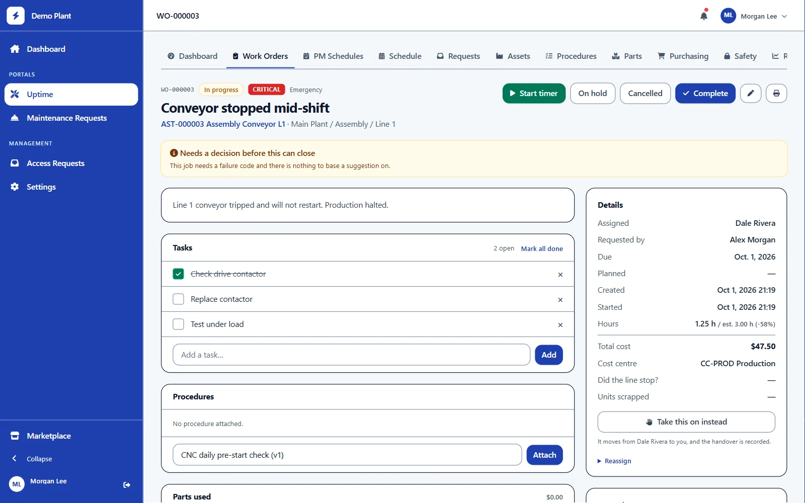 A work order in progress, with its tasks, cost so far and a one-click handover to another technician.